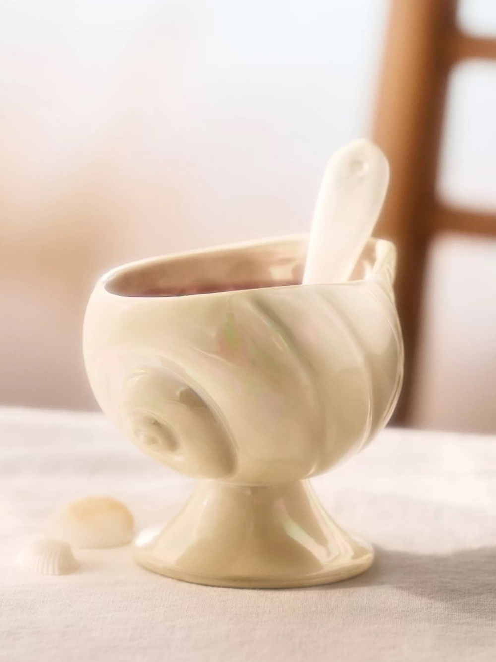 Anthropologie Sirena Stoneware Salt Cellar with Spoon Seashell Ivory BRAND NEW